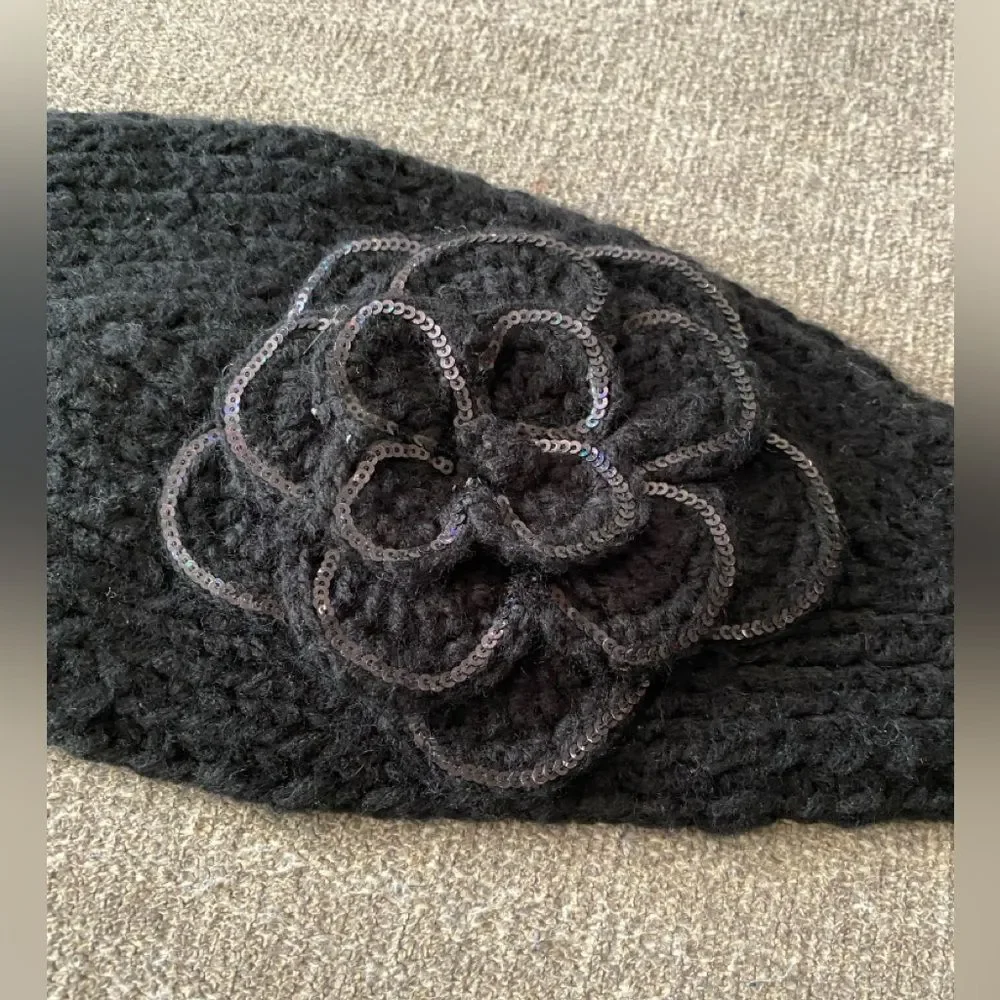 C. C. Exclusives Black Knitted Headband with Button Closure and Flower Accent